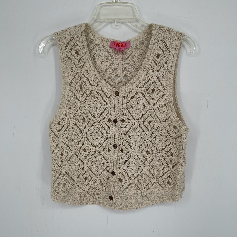 Coco & Shay Women's Beige Crochet Diamond Knit Boho Button Front Vest Size L